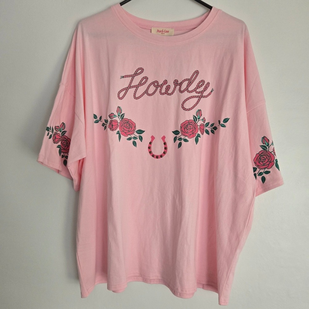 Peach Love Pink Howdy Rose Graphic T-Shirt Oversized Western Boho Size Med NWT